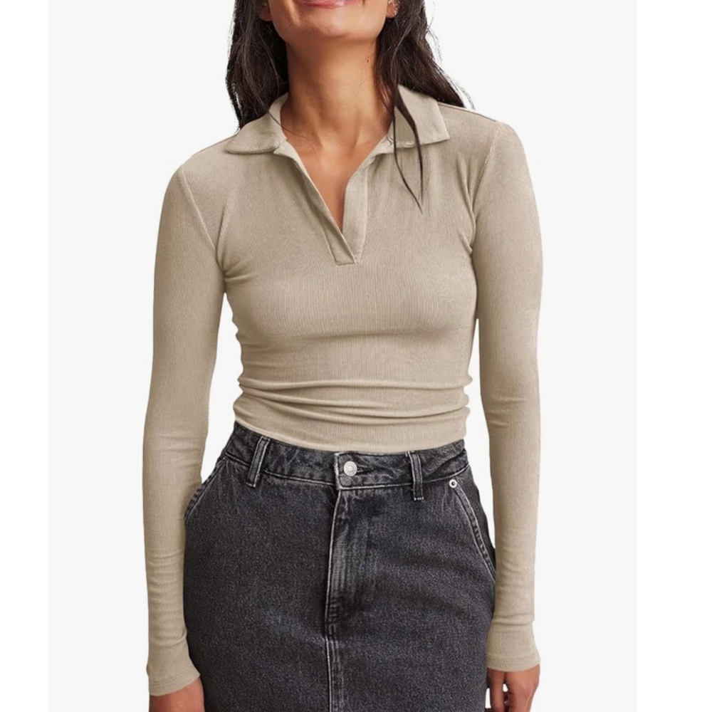 Women's Beige Long Sleeve Polo Top